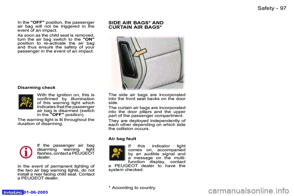 Peugeot 307 2005  Owners Manual �S�a�f�e�t�y�9�6 �-
�0�1�-�0�6�-�2�0�0�5
�9�7�S�a�f�e�t�y�-
�0�1�-�0�6�-�2�0�0�5
�I�n� �t�h�e� �"�O�F�F�"�  �p�o�s�i�t�i�o�n�,� �t�h�e� �p�a�s�s�e�n�g�e�r� 
�a�i�r�  �b�a�g�  �w�i�l�l�  �n�o�t