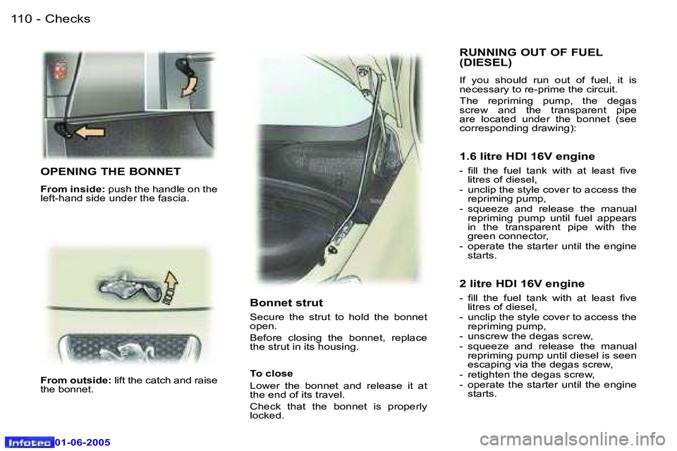Peugeot 307 2005  Owners Manual �C�h�e�c�k�s�1�1�0 �-
�0�1�-�0�6�-�2�0�0�5
�1�1�1�C�h�e�c�k�s�-
�0�1�-�0�6�-�2�0�0�5
�O�P�E�N�I�N�G� �T�H�E� �B�O�N�N�E�T
�F�r�o�m� �i�n�s�i�d�e�:� �p�u�s�h� �t�h�e� �h�a�n�d�l�e� �o�n� �t�h�e� 
�l�e�