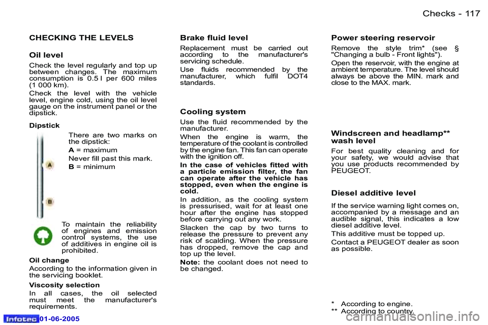 Peugeot 307 2005  Owners Manual �C�h�e�c�k�s�1�1�6 �-
�0�1�-�0�6�-�2�0�0�5
�1�1�7�C�h�e�c�k�s�-
�0�1�-�0�6�-�2�0�0�5
�C�H�E�C�K�I�N�G� �T�H�E� �L�E�V�E�L�S
�T�h�e�r�e�  �a�r�e�  �t�w�o�  �m�a�r�k�s�  �o�n�  
�t�h�e� �d�i�p�s�t�i�c�k