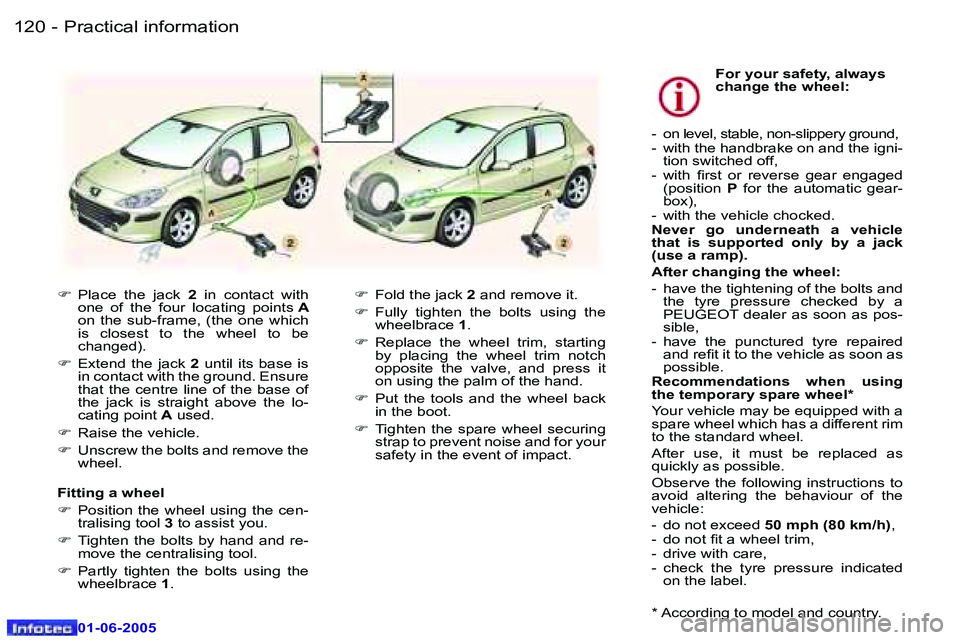 Peugeot 307 2005  Owners Manual �P�r�a�c�t�i�c�a�l� �i�n�f�o�r�m�a�t�i�o�n�1�2�0 �-
�0�1�-�0�6�-�2�0�0�5
�1�2�1�P�r�a�c�t�i�c�a�l� �i�n�f�o�r�m�a�t�i�o�n�-
�0�1�-�0�6�-�2�0�0�5
�F�  �P�l�a�c�e�  �t�h�e�  �j�a�c�k�  �2�  �i�n�  �c�o�
