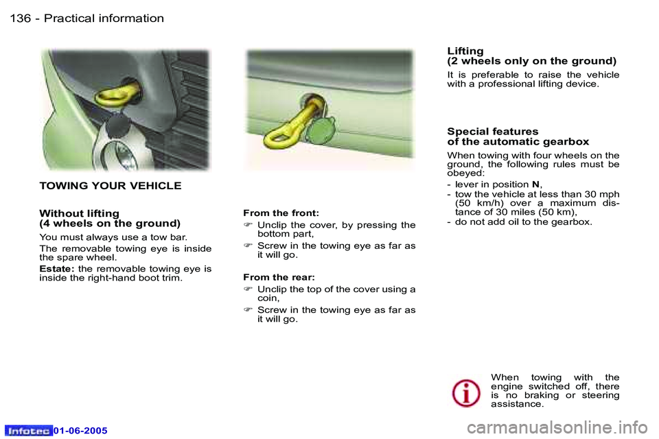 Peugeot 307 2005  Owners Manual �P�r�a�c�t�i�c�a�l� �i�n�f�o�r�m�a�t�i�o�n�1�3�6 �-
�0�1�-�0�6�-�2�0�0�5
�1�3�7�P�r�a�c�t�i�c�a�l� �i�n�f�o�r�m�a�t�i�o�n�-
�0�1�-�0�6�-�2�0�0�5
�W�i�t�h�o�u�t� �l�i�f�t�i�n�g 
�(�4� �w�h�e�e�l�s� �o�