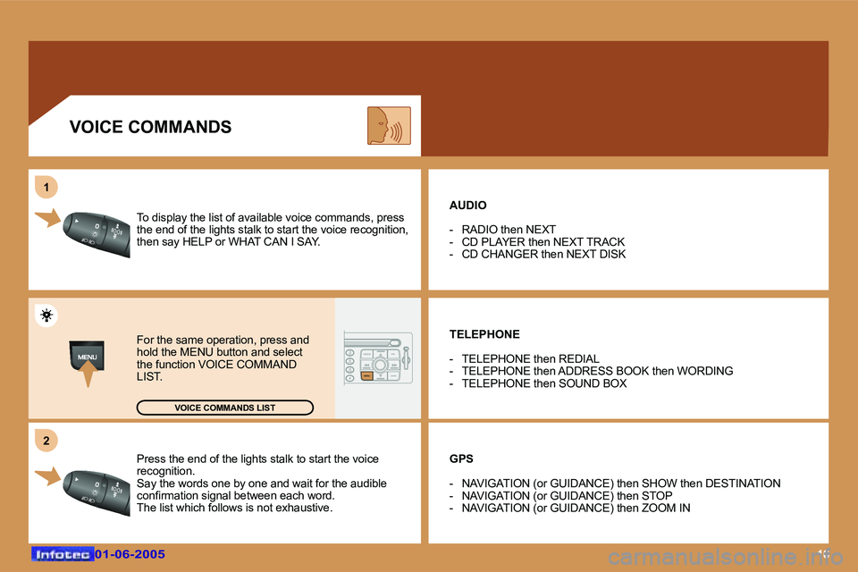 Peugeot 307 2005  Owners Manual �1�6�0�1�-�0�6�-�2�0�0�5�0�1�-�0�6�-�2�0�0�5
�P�r�e�s�s� �t�h�e� �e�n�d� �o�f� �t�h�e� �l�i�g�h�t�s� �s�t�a�l�k� �t�o� �s�t�a�r�t� �t�h�e� �v�o�i�c�e
�r�e�c�o�g�n�i�t�i�o�n�. 
�S�a�y� �t�h�e� �w�o�r�d