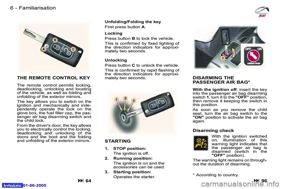Peugeot 307 2005  Owners Manual �6 �-
�0�1�-�0�6�-�2�0�0�5
�7
�-
�0�1�-�0�6�-�2�0�0�5
�F�a�m�i�l�i�a�r�i�s�a�t�i�o�n
�T�H�E� �R�E�M�O�T�E� �C�O�N�T�R�O�L� �K�E�Y
�T�h�e�  �r�e�m�o�t�e�  �c�o�n�t�r�o�l�  �p�e�r�m�i�t�s�  �l�o�c�k�i�n