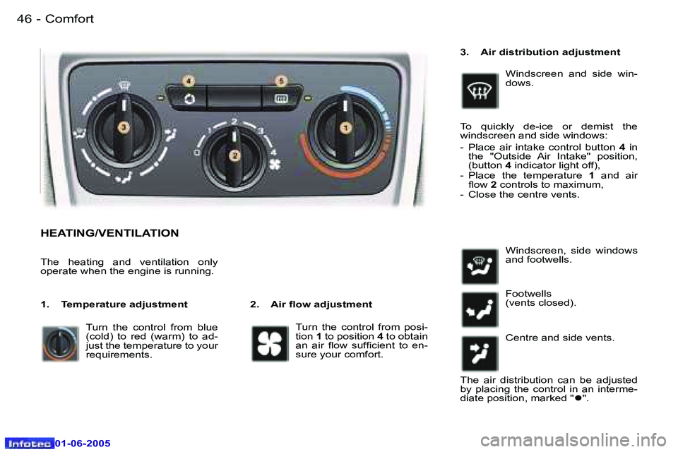 Peugeot 307 2005 Service Manual �C�o�m�f�o�r�t�4�6 �-
�0�1�-�0�6�-�2�0�0�5
�4�7�C�o�m�f�o�r�t�-
�0�1�-�0�6�-�2�0�0�5
�H�E�A�T�I�N�G�/�V�E�N�T�I�L�A�T�I�O�N
�2�.�  �A�i�r� �l�o�w� �a�d�j�u�s�t�m�e�n�t
�T�h�e�  �h�e�a�t�i�n�g�  �a�n�d