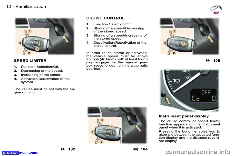 Peugeot 307 2005  Owners Manual �1�2 �-
�0�1�-�0�6�-�2�0�0�5
�1�3
�-
�0�1�-�0�6�-�2�0�0�5
�F�a�m�i�l�i�a�r�i�s�a�t�i�o�n
�S�P�E�E�D� �L�I�M�I�T�E�R
�1�. �  �F�u�n�c�t�i�o�n� �S�e�l�e�c�t�i�o�n�/�O�f�f�.
�2�. �  �D�e�c�r�e�a�s�i�n�g�