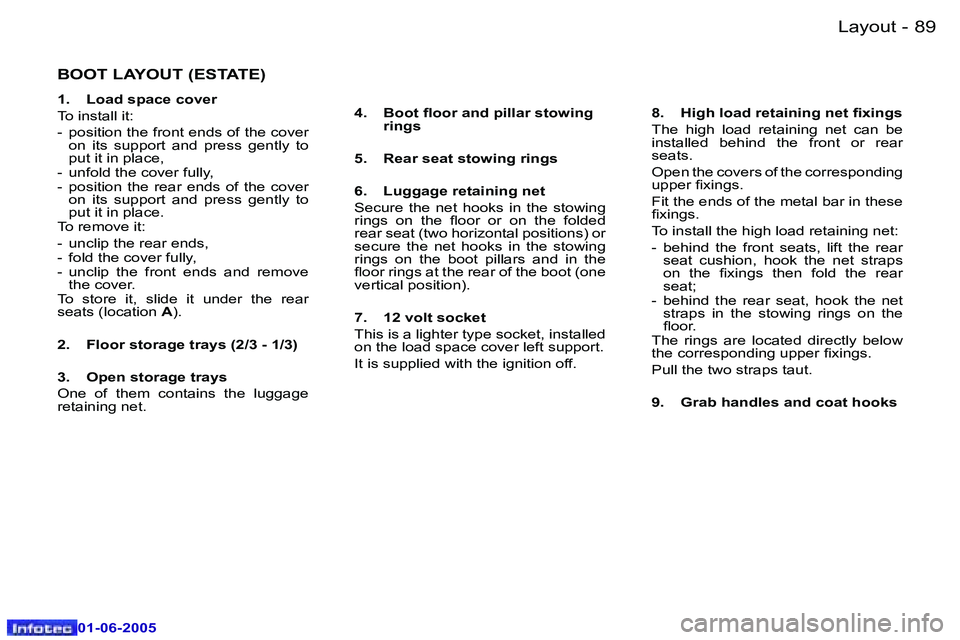 Peugeot 307 2005 Owners Manual �L�a�y�o�u�t�8�8 �-
�0�1�-�0�6�-�2�0�0�5
�8�9�L�a�y�o�u�t�-
�0�1�-�0�6�-�2�0�0�5
�B�O�O�T� �L�A�Y�O�U�T� �(�E�S�T�A�T�E�)
�1�.�  �L�o�a�d� �s�p�a�c�e� �c�o�v�e�r 
�T�o� �i�n�s�t�a�l�l� �i�t�:
�-�  �p�
