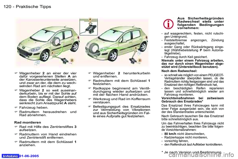 Peugeot 307 2005  Betriebsanleitung (in German) �1�2�0 �-
�0�1�-�0�6�-�2�0�0�5
�1�2�1
�-
�0�1�-�0�6�-�2�0�0�5
�F
�  �W�a�g�e�n�h�e�b�e�r�  �2�  �a�n�  �e�i�n�e�r�  �d�e�r�  �v�i�e�r� 
�d�a�f�ü�r�  �v�o�r�g�e�s�e�h�e�n�e�n�  �S�t�e�l�l�e�n�  �A�  �