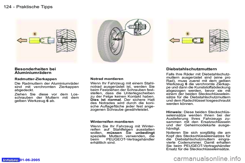 Peugeot 307 2005  Betriebsanleitung (in German) �1�2�4 �-
�0�1�-�0�6�-�2�0�0�5
�1�2�5
�-
�0�1�-�0�6�-�2�0�0�5
�B�e�s�o�n�d�e�r�h�e�i�t�e�n� �b�e�i�  
�A�l�u�m�i�n�i�u�m�r�ä�d�e�r�n
�R�a�d�m�u�t�t�e�r�-�Z�i�e�r�k�a�p�p�e�n 
�D�i�e�  �R�a�d�m�u�t�t�