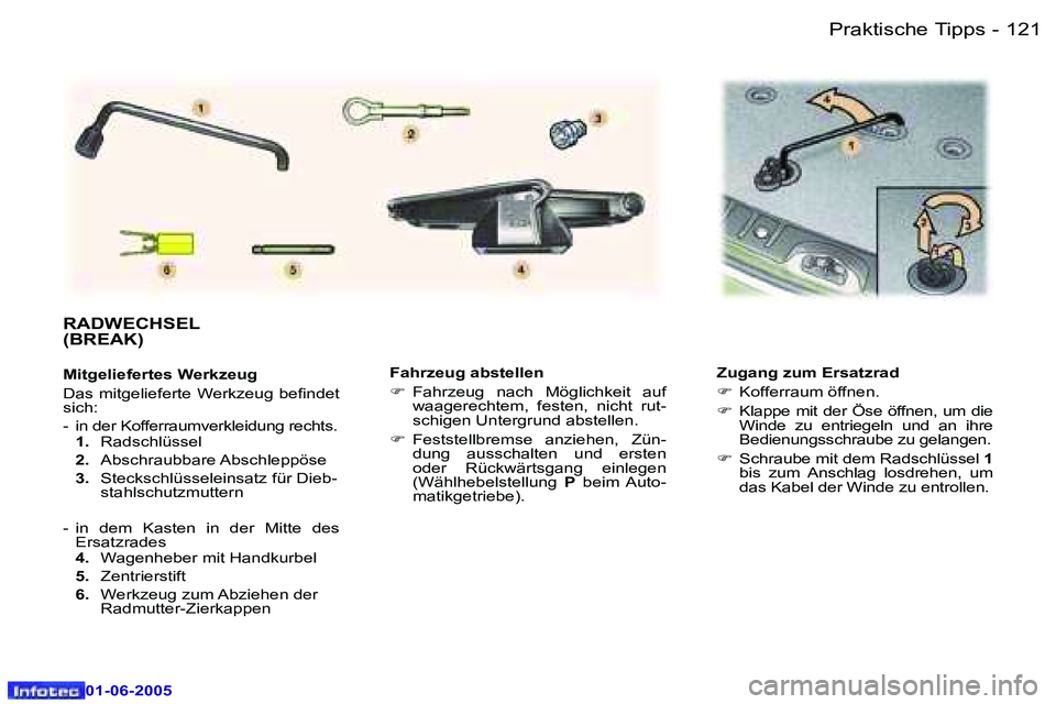Peugeot 307 2005  Betriebsanleitung (in German) �1�2�0 �-
�0�1�-�0�6�-�2�0�0�5
�1�2�1
�-
�0�1�-�0�6�-�2�0�0�5
�F�a�h�r�z�e�u�g� �a�b�s�t�e�l�l�e�n�  
�F
�  �F�a�h�r�z�e�u�g�  �n�a�c�h�  �M�ö�g�l�i�c�h�k�e�i�t�  �a�u�f� 
�w�a�a�g�e�r�e�c�h�t�e�m�,�