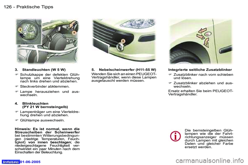 Peugeot 307 2005  Betriebsanleitung (in German) �1�2�6 �-
�0�1�-�0�6�-�2�0�0�5
�1�2�7
�-
�0�1�-�0�6�-�2�0�0�5
�I�n�t�e�g�r�i�e�r�t�e� �s�e�i�t�l�i�c�h�e� �Z�u�s�a�t�z�b�l�i�n�k�e�r�  
�F
�  �Z�u�s�a�t�z�b�l�i�n�k�e�r� �n�a�c�h� �v�o�r�n� �s�c�h�i�e