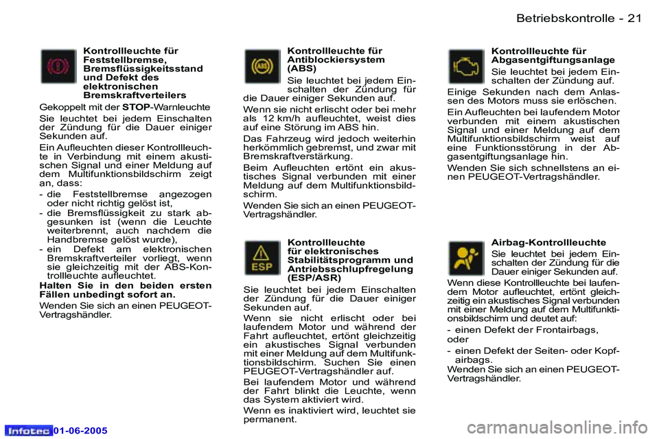 Peugeot 307 2005  Betriebsanleitung (in German) �B�e�t�r�i�e�b�s�k�o�n�t�r�o�l�l�e�2�0 �-
�0�1�-�0�6�-�2�0�0�5
�2�1�B�e�t�r�i�e�b�s�k�o�n�t�r�o�l�l�e�-
�0�1�-�0�6�-�2�0�0�5
�K�o�n�t�r�o�l�l�l�e�u�c�h�t�e�  
�f�ü�r� �e�l�e�k�t�r�o�n�i�s�c�h�e�s� 
�