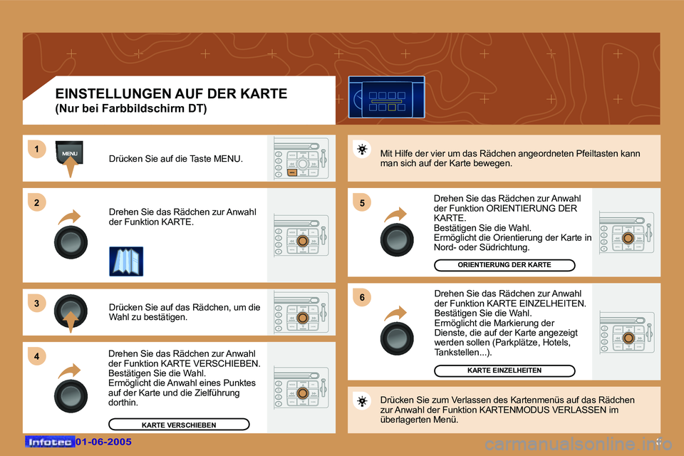 Peugeot 307 2005  Betriebsanleitung (in German) �8�0�1�-�0�6�-�2�0�0�5�0�1�-�0�6�-�2�0�0�5
�D�r�ü�c�k�e�n� �S�i�e� �a�u�f� �d�i�e� �T�a�s�t�e� �M�E�N�U�.�  
�D�r�e�h�e�n� �S�i�e� �d�a�s� �R�ä�d�c�h�e�n� �z�u�r� �A�n�w�a�h�l�  
�d�e�r� �F�u�n�k�t�
