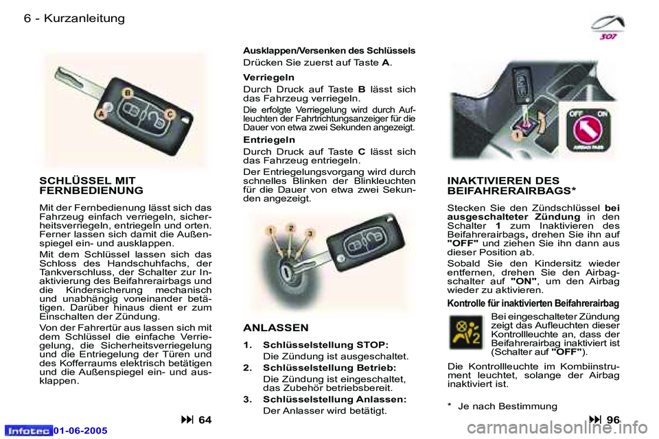 Peugeot 307 2005  Betriebsanleitung (in German) �6 �-
�0�1�-�0�6�-�2�0�0�5
�7
�-
�0�1�-�0�6�-�2�0�0�5
�K�u�r�z�a�n�l�e�i�t�u�n�g
�S�C�H�L�Ü�S�S�E�L� �M�I�T�  
�F�E�R�N�B�E�D�I�E�N�U�N�G� 
�M�i�t� �d�e�r� �F�e�r�n�b�e�d�i�e�n�u�n�g� �l�ä�s�s�t� �s