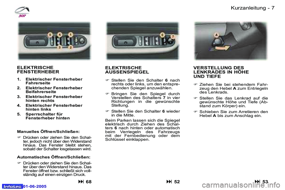 Peugeot 307 2005  Betriebsanleitung (in German) �6 �-
�0�1�-�0�6�-�2�0�0�5
�7
�-
�0�1�-�0�6�-�2�0�0�5
�K�u�r�z�a�n�l�e�i�t�u�n�g
�E�L�E�K�T�R�I�S�C�H�E�  
�A�U�S�S�E�N�S�P�I�E�G�E�L� 
�F �  �S�t�e�l�l�e�n�  �S�i�e�  �d�e�n�  �S�c�h�a�l�t�e�r�  �6� 