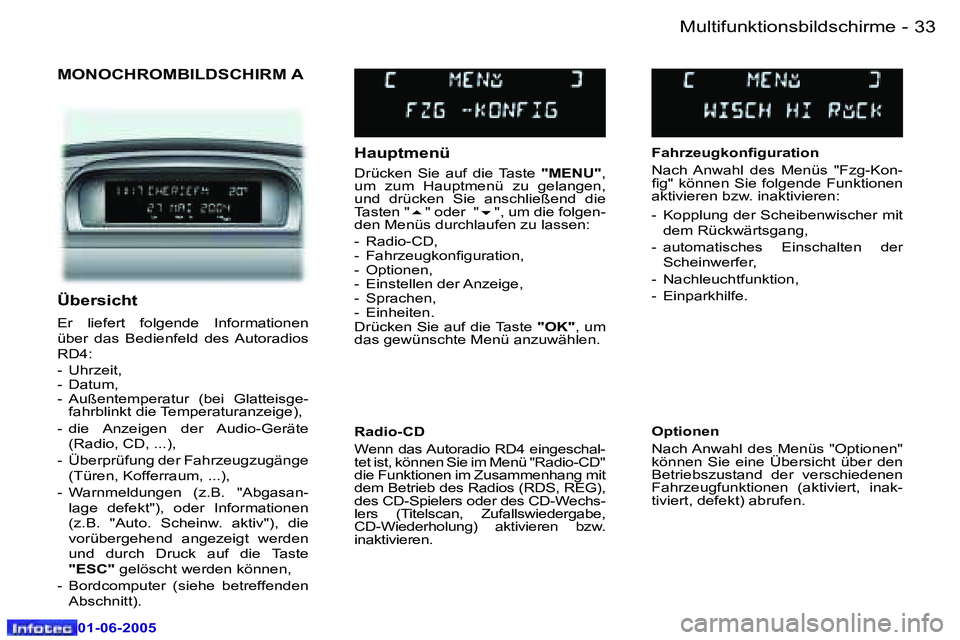Peugeot 307 2005  Betriebsanleitung (in German) �3�2 �-
�0�1�-�0�6�-�2�0�0�5
�3�3
�-
�0�1�-�0�6�-�2�0�0�5
�M�O�N�O�C�H�R�O�M�B�I�L�D�S�C�H�I�R�M� �A
�H�a�u�p�t�m�e�n�ü 
�D�r�ü�c�k�e�n�  �S�i�e�  �a�u�f�  �d�i�e�  �T�a�s�t�e� 
�"�M�E�N�U�"