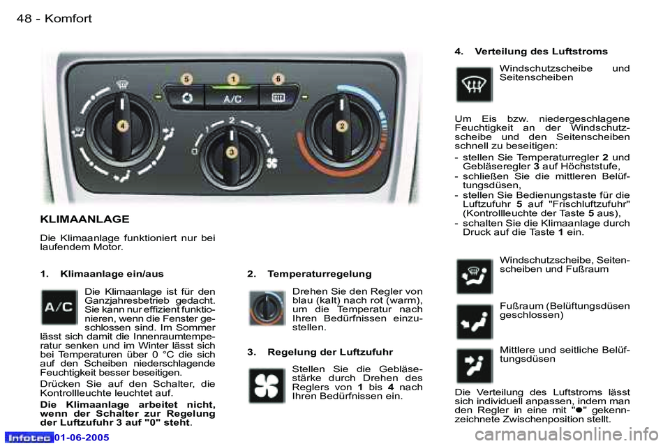Peugeot 307 2005  Betriebsanleitung (in German) �4�8 �-
�0�1�-�0�6�-�2�0�0�5
�4�9
�-
�0�1�-�0�6�-�2�0�0�5
�K�L�I�M�A�A�N�L�A�G�E
�2�.�  �T�e�m�p�e�r�a�t�u�r�r�e�g�e�l�u�n�g� 
�1�.�  �K�l�i�m�a�a�n�l�a�g�e� �e�i�n�/�a�u�s
�D�r�e�h�e�n� �S�i�e� �d�e�