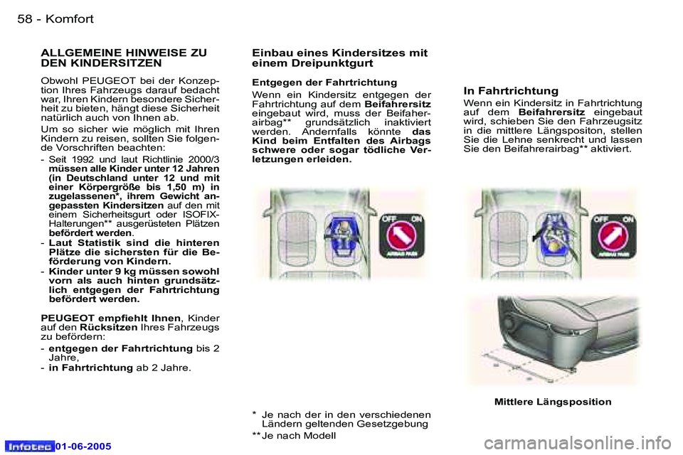 Peugeot 307 2005  Betriebsanleitung (in German) �5�8 �-
�0�1�-�0�6�-�2�0�0�5
�5�9
�-
�0�1�-�0�6�-�2�0�0�5
�I�n� �F�a�h�r�t�r�i�c�h�t�u�n�g� 
�W�e�n�n� �e�i�n� �K�i�n�d�e�r�s�i�t�z� �i�n� �F�a�h�r�t�r�i�c�h�t�u�n�g�  
�a�u�f�  �d�e�m� 
�B�e�i�f�a�h�