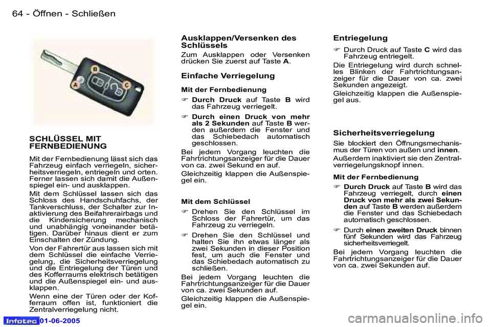 Peugeot 307 2005  Betriebsanleitung (in German) �6�4 �-
�0�1�-�0�6�-�2�0�0�5
�6�5
�-
�0�1�-�0�6�-�2�0�0�5
�S�C�H�L�Ü�S�S�E�L� �M�I�T�  
�F�E�R�N�B�E�D�I�E�N�U�N�G
�M�i�t� �d�e�r� �F�e�r�n�b�e�d�i�e�n�u�n�g� �l�ä�s�s�t� �s�i�c�h� �d�a�s�  
�F�a�h�
