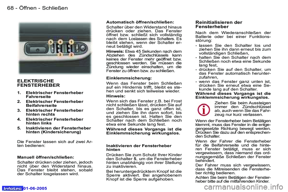 Peugeot 307 2005  Betriebsanleitung (in German) �6�8 �-
�0�1�-�0�6�-�2�0�0�5
�6�9
�-
�0�1�-�0�6�-�2�0�0�5
�E�L�E�K�T�R�I�S�C�H�E�  
�F�E�N�S�T�E�R�H�E�B�E�R
�1�.�  �E�l�e�k�t�r�i�s�c�h�e�r� �F�e�n�s�t�e�r�h�e�b�e�r� 
�F�a�h�r�e�r�s�e�i�t�e� 
�2�.� 