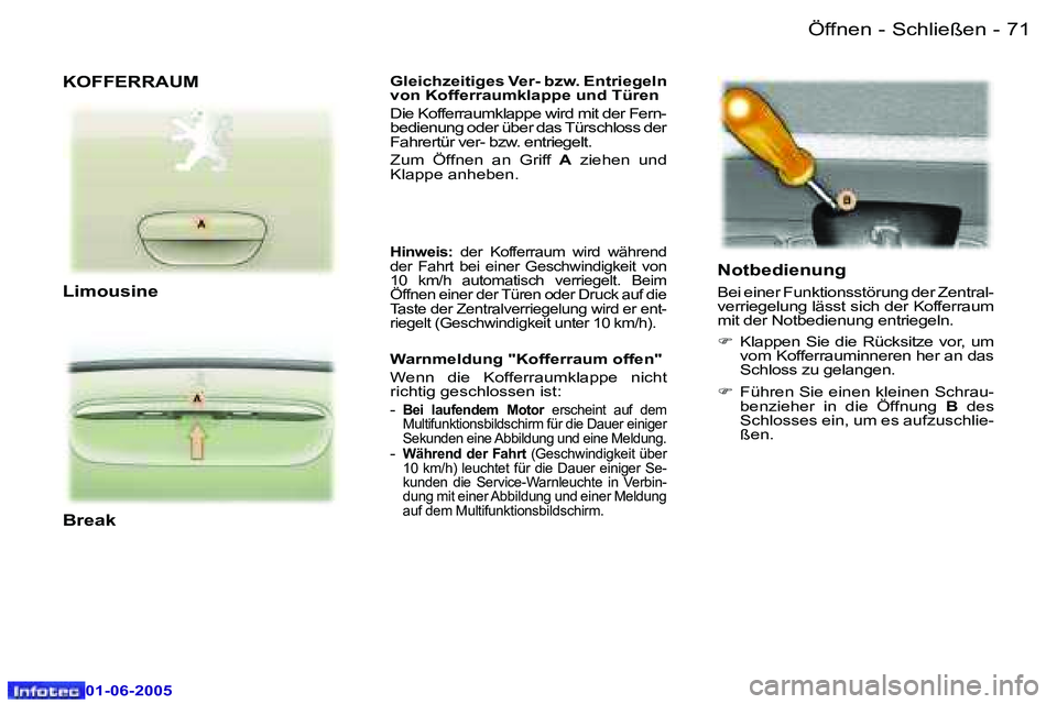 Peugeot 307 2005  Betriebsanleitung (in German) �7�0 �-
�0�1�-�0�6�-�2�0�0�5
�7�1
�-
�0�1�-�0�6�-�2�0�0�5
�G�l�e�i�c�h�z�e�i�t�i�g�e�s� �V�e�r�-� �b�z�w�.� �E�n�t�r�i�e�g�e�l�n�  
�v�o�n� �K�o�f�f�e�r�r�a�u�m�k�l�a�p�p�e� �u�n�d� �T�ü�r�e�n
� 
�D�