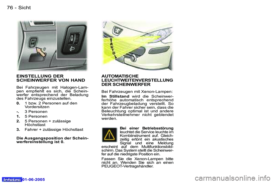Peugeot 307 2005  Betriebsanleitung (in German) �7�6 �-
�0�1�-�0�6�-�2�0�0�5
�7�7
�-
�0�1�-�0�6�-�2�0�0�5
�E�I�N�S�T�E�L�L�U�N�G� �D�E�R�  
�S�C�H�E�I�N�W�E�R�F�E�R� �V�O�N� �H�A�N�D� 
�B�e�i�  �F�a�h�r�z�e�u�g�e�n�  �m�i�t�  �H�a�l�o�g�e�n�-�L�a�m