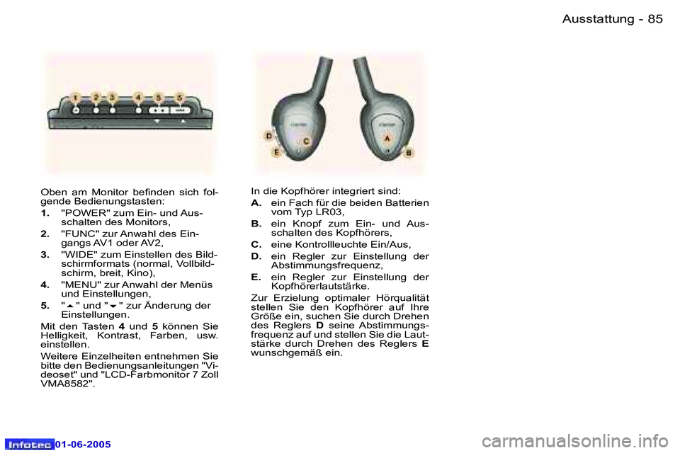 Peugeot 307 2005  Betriebsanleitung (in German) �8�4 �-
�0�1�-�0�6�-�2�0�0�5
�8�5
�-
�0�1�-�0�6�-�2�0�0�5
�O�b�e�n�  �a�m�  �M�o�n�i�t�o�r�  �b�e�i�n�d�e�n�  �s�i�c�h�  �f�o�l�- 
�g�e�n�d�e� �B�e�d�i�e�n�u�n�g�s�t�a�s�t�e�n�:�  
�1�.
�  �"�P�O�
