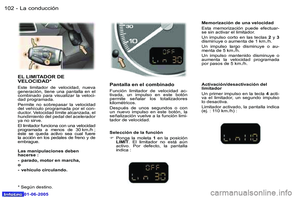 Peugeot 307 2005  Manual del propietario (in Spanish) �L�a� �c�o�n�d�u�c�c�i�ó�n�1�0�2 �-
�0�1�-�0�6�-�2�0�0�5
�1�0�3�L�a� �c�o�n�d�u�c�c�i�ó�n�-
�0�1�-�0�6�-�2�0�0�5
�E�L� �L�I�M�I�T�A�D�O�R� �D�E�  
�V�E�L�O�C�I�D�A�D�* 
�E�s�t�e�  �l�i�m�i�t�a�d�o�r