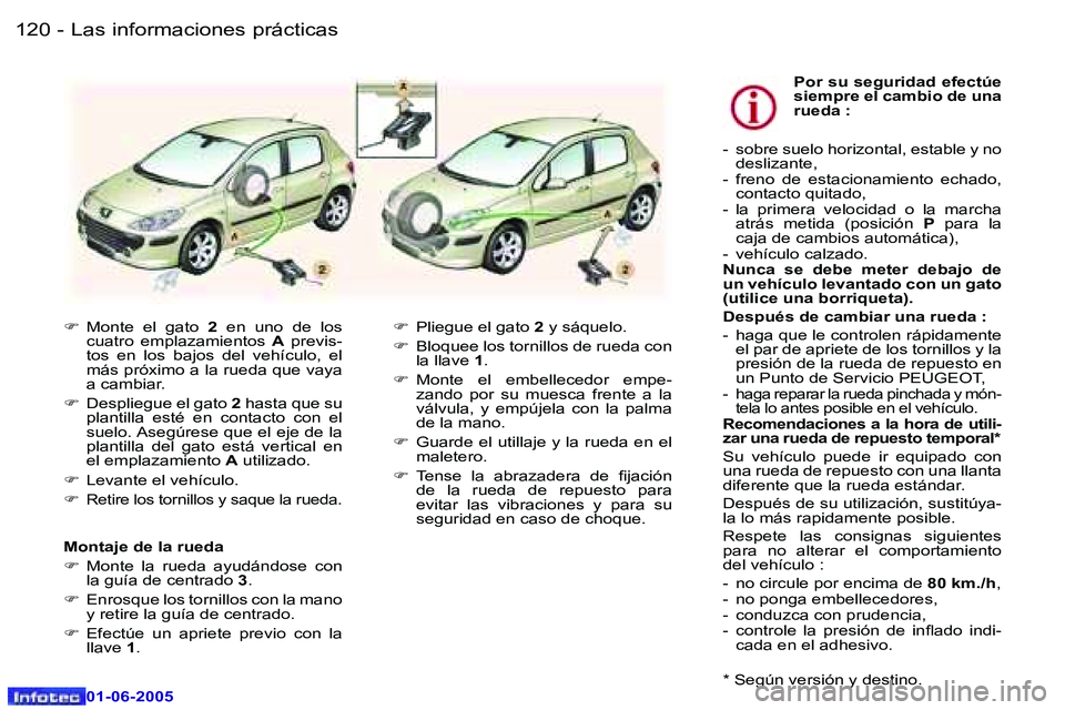 Peugeot 307 2005  Manual del propietario (in Spanish) �L�a�s� �i�n�f�o�r�m�a�c�i�o�n�e�s� �p�r�á�c�t�i�c�a�s�1�2�0 �-
�0�1�-�0�6�-�2�0�0�5
�1�2�1�L�a�s� �i�n�f�o�r�m�a�c�i�o�n�e�s� �p�r�á�c�t�i�c�a�s�-
�0�1�-�0�6�-�2�0�0�5
�F�  �M�o�n�t�e�  �e�l�  �g�a