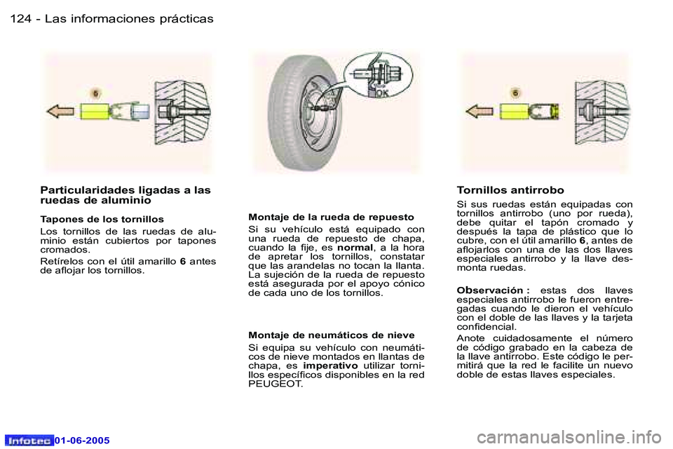 Peugeot 307 2005  Manual del propietario (in Spanish) �L�a�s� �i�n�f�o�r�m�a�c�i�o�n�e�s� �p�r�á�c�t�i�c�a�s�1�2�4 �-
�0�1�-�0�6�-�2�0�0�5
�1�2�5�L�a�s� �i�n�f�o�r�m�a�c�i�o�n�e�s� �p�r�á�c�t�i�c�a�s�-
�0�1�-�0�6�-�2�0�0�5
�P�a�r�t�i�c�u�l�a�r�i�d�a�d�