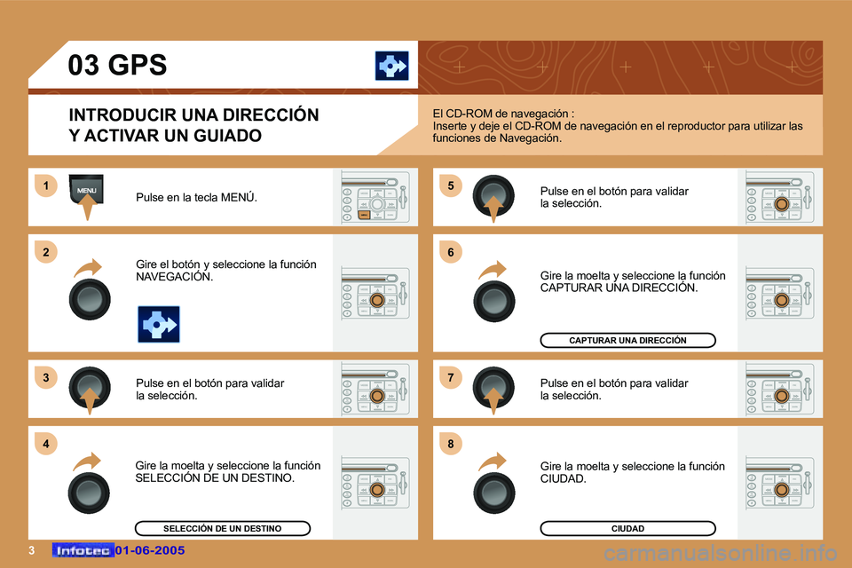 Peugeot 307 2005  Manual del propietario (in Spanish) �3�0�1�-�0�6�-�2�0�0�5�0�1�-�0�6�-�2�0�0�5
�0�3� �G�P�S�I�N�T�R�O�D�U�C�I�R� �U�N�A� �D�I�R�E�C�C�I�Ó�N�  
�Y� �A�C�T�I�V�A�R� �U�N� �G�U�I�A�D�O
�P�u�l�s�e� �e�n� �l�a� �t�e�c�l�a� �M�E�N�Ú�. 
�G�i