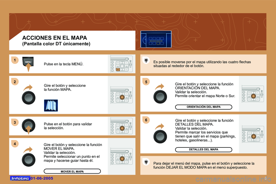 Peugeot 307 2005  Manual del propietario (in Spanish) �8�0�1�-�0�6�-�2�0�0�5�0�1�-�0�6�-�2�0�0�5
�P�u�l�s�e� �e�n� �l�a� �t�e�c�l�a� �M�E�N�Ú�. 
�G�i�r�e� �e�l� �b�o�t�ó�n� �y� �s�e�l�e�c�c�i�o�n�e�  
�l�a� �f�u�n�c�i�ó�n� �M�A�P�A�. 
�P�u�l�s�e� �e�n