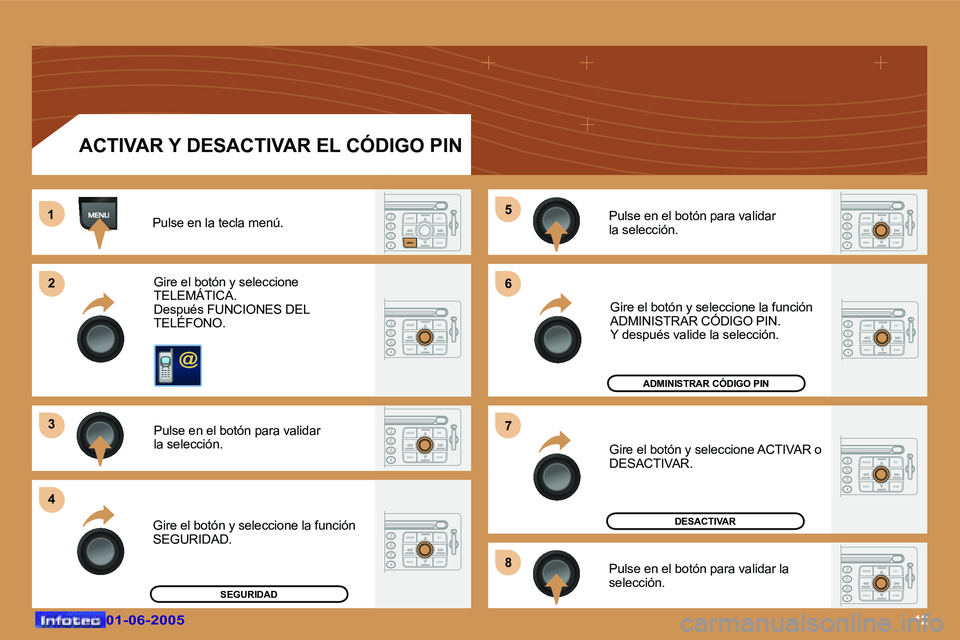 Peugeot 307 2005  Manual del propietario (in Spanish) �1�2�0�1�-�0�6�-�2�0�0�5�0�1�-�0�6�-�2�0�0�5
�P�u�l�s�e� �e�n� �l�a� �t�e�c�l�a� �m�e�n�ú�.�G�i�r�e� �e�l� �b�o�t�ó�n� �y� �s�e�l�e�c�c�i�o�n�e�  
�T�E�L�E�M�Á�T�I�C�A�.
�D�e�s�p�u�é�s� �F�U�N�C�I