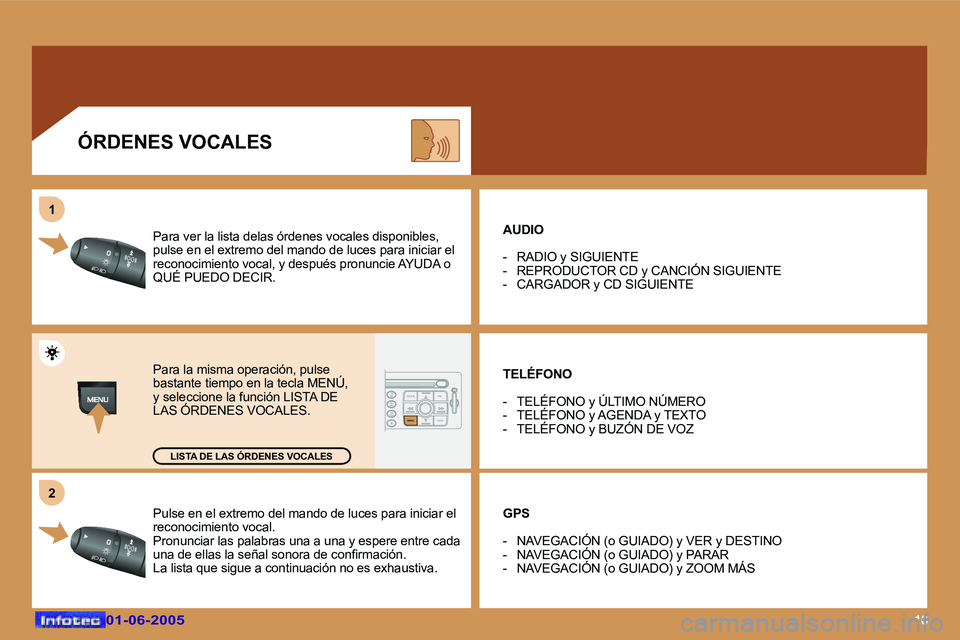 Peugeot 307 2005  Manual del propietario (in Spanish) �1�6�0�1�-�0�6�-�2�0�0�5�0�1�-�0�6�-�2�0�0�5
�P�u�l�s�e� �e�n� �e�l� �e�x�t�r�e�m�o� �d�e�l� �m�a�n�d�o� �d�e� �l�u�c�e�s� �p�a�r�a� �i�n�i�c�i�a�r� �e�l� 
�r�e�c�o�n�o�c�i�m�i�e�n�t�o� �v�o�c�a�l�. 
