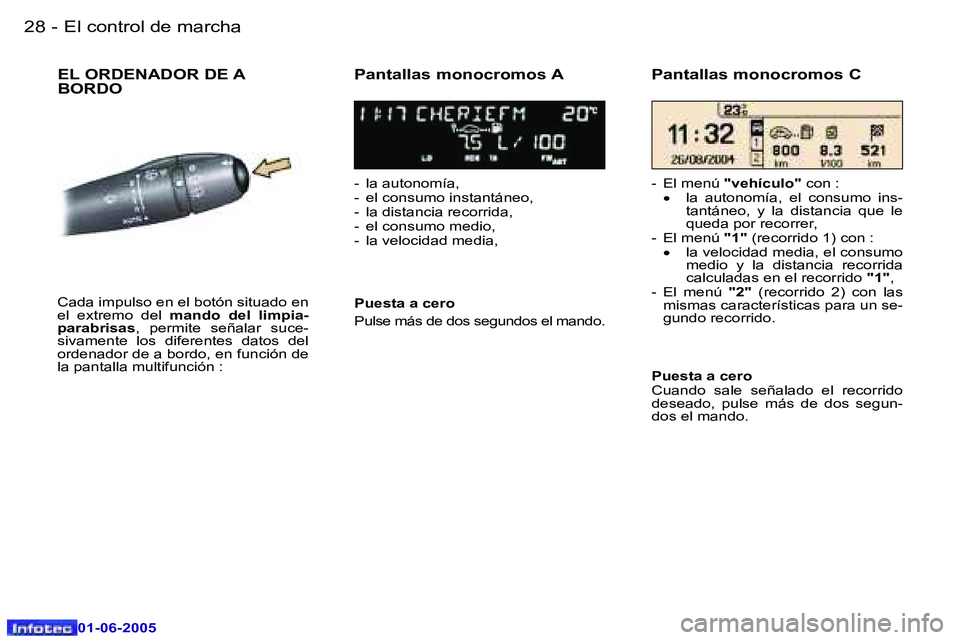 Peugeot 307 2005  Manual del propietario (in Spanish) �2�8 �-
�0�1�-�0�6�-�2�0�0�5
�2�9
�-
�0�1�-�0�6�-�2�0�0�5
�E�L� �O�R�D�E�N�A�D�O�R� �D�E� �A�  
�B�O�R�D�O �P�a�n�t�a�l�l�a�s� �m�o�n�o�c�r�o�m�o�s� �A
�-�  �l�a� �a�u�t�o�n�o�m�í�a�, 
�-�  �e�l� �c�