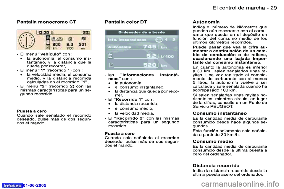 Peugeot 307 2005  Manual del propietario (in Spanish) �2�8 �-
�0�1�-�0�6�-�2�0�0�5
�2�9
�-
�0�1�-�0�6�-�2�0�0�5
�P�a�n�t�a�l�l�a� �c�o�l�o�r� �D�T
�-�  �l�a�s� 
�"�I�n�f�o�r�m�a�c�i�o�n�e�s�  �i�n�s�t�a�n�t�á�-
�n�e�a�s�" � �c�o�n� �:
�•�  �l�