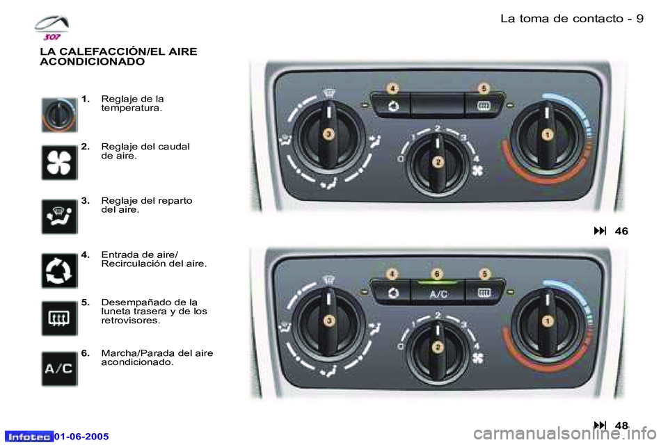 Peugeot 307 2005  Manual del propietario (in Spanish) �8 �-
�0�1�-�0�6�-�2�0�0�5
�9
�-
�0�1�-�0�6�-�2�0�0�5
�L�a� �t�o�m�a� �d�e� �c�o�n�t�a�c�t�o
�1�. �  �R�e�g�l�a�j�e� �d�e� �l�a� 
�t�e�m�p�e�r�a�t�u�r�a�.
�L�A� �C�A�L�E�F�A�C�C�I�Ó�N�/�E�L� �A�I�R�E