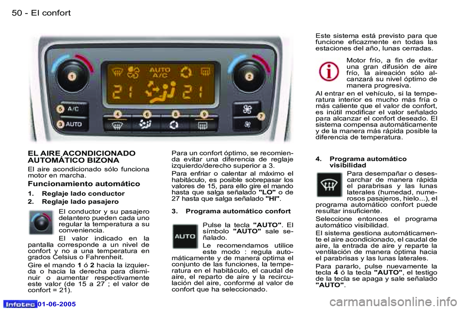 Peugeot 307 2005  Manual del propietario (in Spanish) �5�0 �-
�0�1�-�0�6�-�2�0�0�5
�5�1
�-
�0�1�-�0�6�-�2�0�0�5
�E�L� �A�I�R�E� �A�C�O�N�D�I�C�I�O�N�A�D�O�  
�A�U�T�O�M�Á�T�I�C�O� �B�I�Z�O�N�A
�E�l�  �a�i�r�e�  �a�c�o�n�d�i�c�i�o�n�a�d�o�  �s�ó�l�o�  �