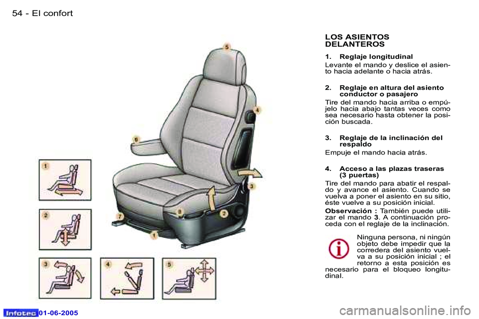 Peugeot 307 2005  Manual del propietario (in Spanish) �5�4 �-
�0�1�-�0�6�-�2�0�0�5
�5�5
�-
�0�1�-�0�6�-�2�0�0�5
�L�O�S� �A�S�I�E�N�T�O�S�  
�D�E�L�A�N�T�E�R�O�S
�1�.�  �R�e�g�l�a�j�e� �l�o�n�g�i�t�u�d�i�n�a�l 
�L�e�v�a�n�t�e� �e�l� �m�a�n�d�o� �y� �d�e�s