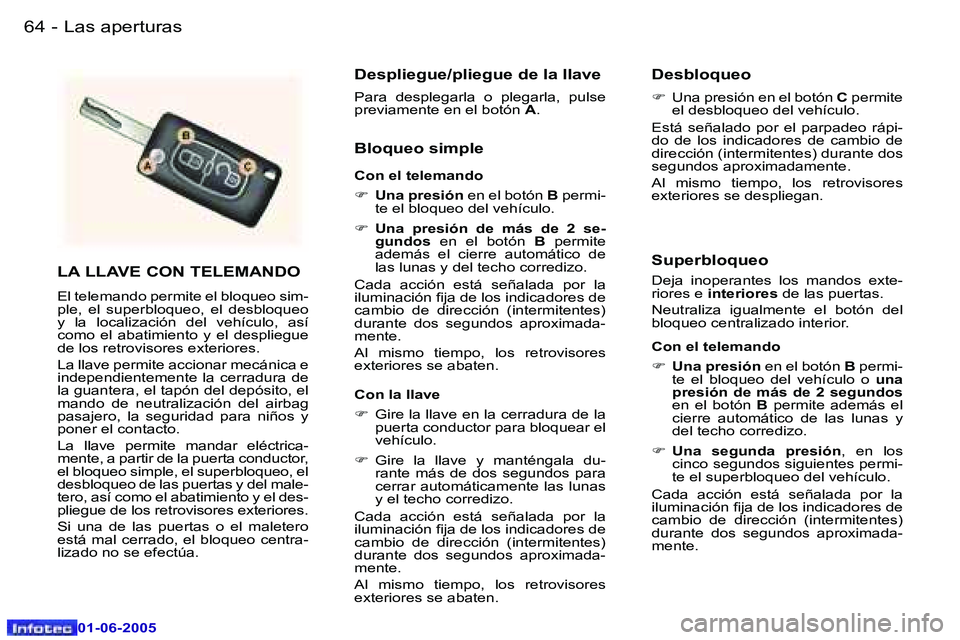 Peugeot 307 2005  Manual del propietario (in Spanish) �6�4 �-
�0�1�-�0�6�-�2�0�0�5
�6�5
�-
�0�1�-�0�6�-�2�0�0�5
�L�A� �L�L�A�V�E� �C�O�N� �T�E�L�E�M�A�N�D�O
�E�l� �t�e�l�e�m�a�n�d�o� �p�e�r�m�i�t�e� �e�l� �b�l�o�q�u�e�o� �s�i�m�- 
�p�l�e�,�  �e�l�  �s�u�
