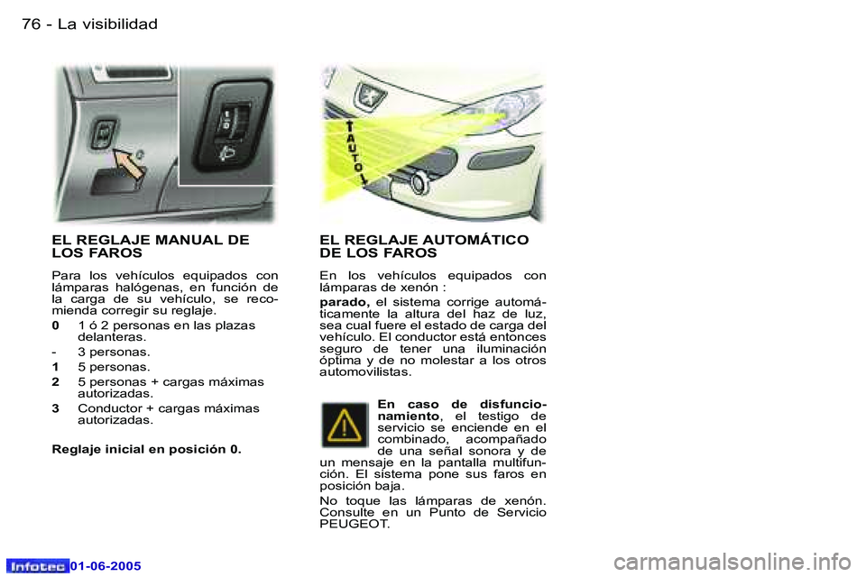 Peugeot 307 2005  Manual del propietario (in Spanish) �L�a� �v�i�s�i�b�i�l�i�d�a�d�7�6 �-
�0�1�-�0�6�-�2�0�0�5
�7�7�L�a� �v�i�s�i�b�i�l�i�d�a�d�-
�0�1�-�0�6�-�2�0�0�5
�E�L� �R�E�G�L�A�J�E� �M�A�N�U�A�L� �D�E�  
�L�O�S� �F�A�R�O�S
�P�a�r�a�  �l�o�s�  �v�e