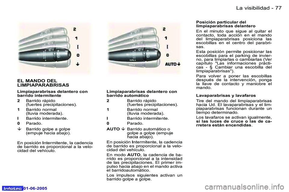 Peugeot 307 2005  Manual del propietario (in Spanish) �L�a� �v�i�s�i�b�i�l�i�d�a�d�7�6 �-
�0�1�-�0�6�-�2�0�0�5
�7�7�L�a� �v�i�s�i�b�i�l�i�d�a�d�-
�0�1�-�0�6�-�2�0�0�5
�P�o�s�i�c�i�ó�n� �p�a�r�t�i�c�u�l�a�r� �d�e�l�  
�l�i�m�p�i�a�p�a�r�a�b�r�i�s�a�s� �d