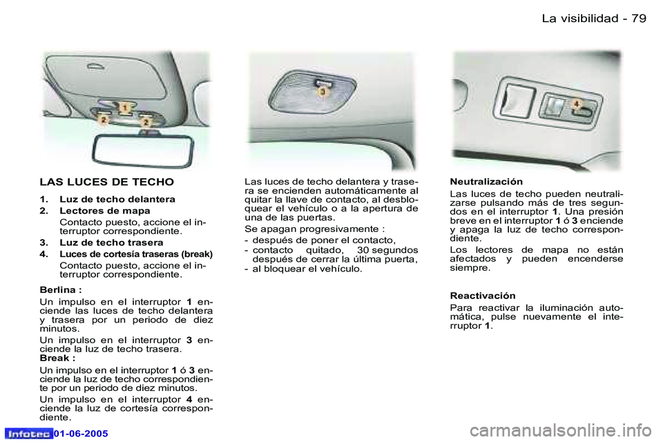 Peugeot 307 2005  Manual del propietario (in Spanish) �L�a� �v�i�s�i�b�i�l�i�d�a�d�7�8 �-
�0�1�-�0�6�-�2�0�0�5
�7�9�L�a� �v�i�s�i�b�i�l�i�d�a�d�-
�0�1�-�0�6�-�2�0�0�5
�L�A�S� �L�U�C�E�S� �D�E� �T�E�C�H�O� 
�1�.�  �L�u�z� �d�e� �t�e�c�h�o� �d�e�l�a�n�t�e�