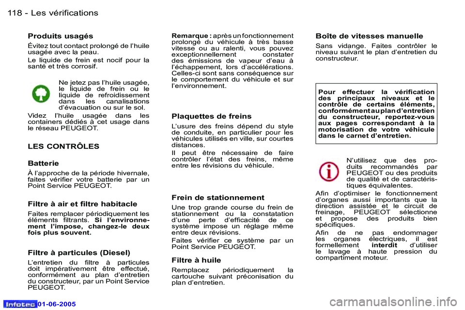 Peugeot 307 2005  Manuel du propriétaire (in French) �L�e�s� �v�é�r�i�f�i�c�a�t�i�o�n�s�1�1�8 �-
�0�1�-�0�6�-�2�0�0�5
�P�r�o�d�u�i�t�s� �u�s�a�g�é�s
�É�v�i�t�e�z� �t�o�u�t� �c�o�n�t�a�c�t� �p�r�o�l�o�n�g�é� �d�e� �l�’�h�u�i�l�e�  
�u�s�a�g�é�e� �