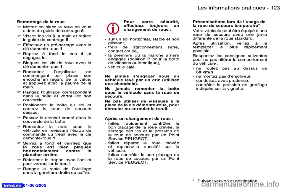 Peugeot 307 2005  Manuel du propriétaire (in French) �L�e�s� �i�n�f�o�r�m�a�t�i�o�n�s� �p�r�a�t�i�q�u�e�s�1�2�2 �-
�0�1�-�0�6�-�2�0�0�5
�1�2�3�L�e�s� �i�n�f�o�r�m�a�t�i�o�n�s� �p�r�a�t�i�q�u�e�s�-
�0�1�-�0�6�-�2�0�0�5
�R�e�m�o�n�t�a�g�e� �d�e� �l�a� �r�