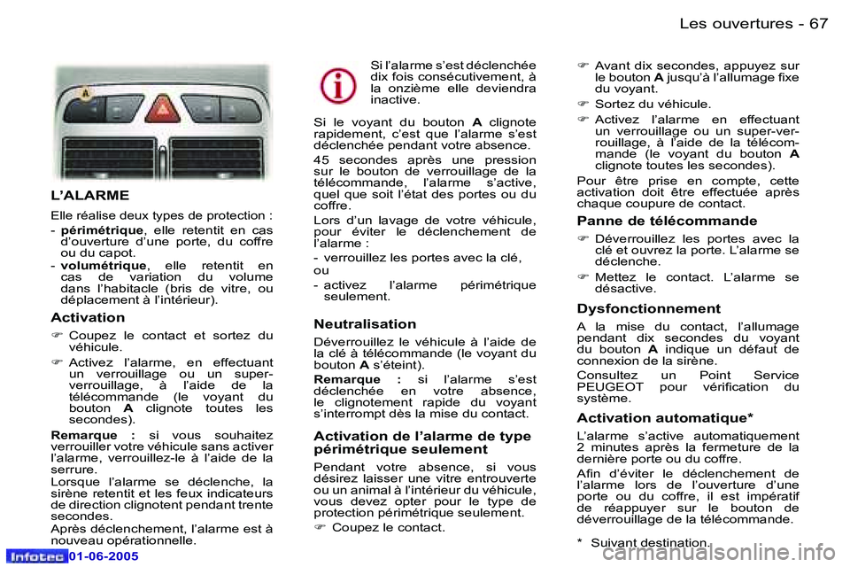 Peugeot 307 2005  Manuel du propriétaire (in French) �L�e�s� �o�u�v�e�r�t�u�r�e�s�6�6 �-
�0�1�-�0�6�-�2�0�0�5
�6�7�L�e�s� �o�u�v�e�r�t�u�r�e�s�-
�0�1�-�0�6�-�2�0�0�5
�L�’�A�L�A�R�M�E
�E�l�l�e� �r�é�a�l�i�s�e� �d�e�u�x� �t�y�p�e�s� �d�e� �p�r�o�t�e�c�