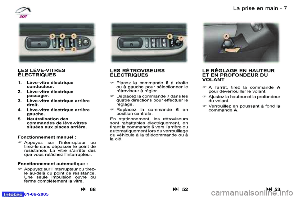 Peugeot 307 2005  Manuel du propriétaire (in French) �6 �-
�0�1�-�0�6�-�2�0�0�5
�7
�-
�0�1�-�0�6�-�2�0�0�5
�L�a� �p�r�i�s�e� �e�n� �m�a�i�n
�L�E�S� �R�É�T�R�O�V�I�S�E�U�R�S�  
�É�L�E�C�T�R�I�Q�U�E�S
�F �  �P�l�a�c�e�z�  �l�a�  �c�o�m�m�a�n�d�e�  �6�  