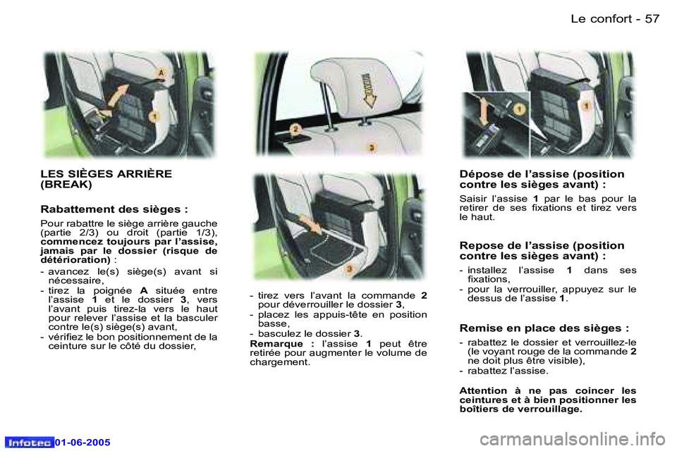 Peugeot 307 2005  Manuel du propriétaire (in French) �L�e� �c�o�n�f�o�r�t�5�6 �-
�0�1�-�0�6�-�2�0�0�5
�5�7�L�e� �c�o�n�f�o�r�t�-
�0�1�-�0�6�-�2�0�0�5
�D�é�p�o�s�e� �d�e� �l�’�a�s�s�i�s�e� �(�p�o�s�i�t�i�o�n�  
�c�o�n�t�r�e� �l�e�s� �s�i�è�g�e�s� �a�