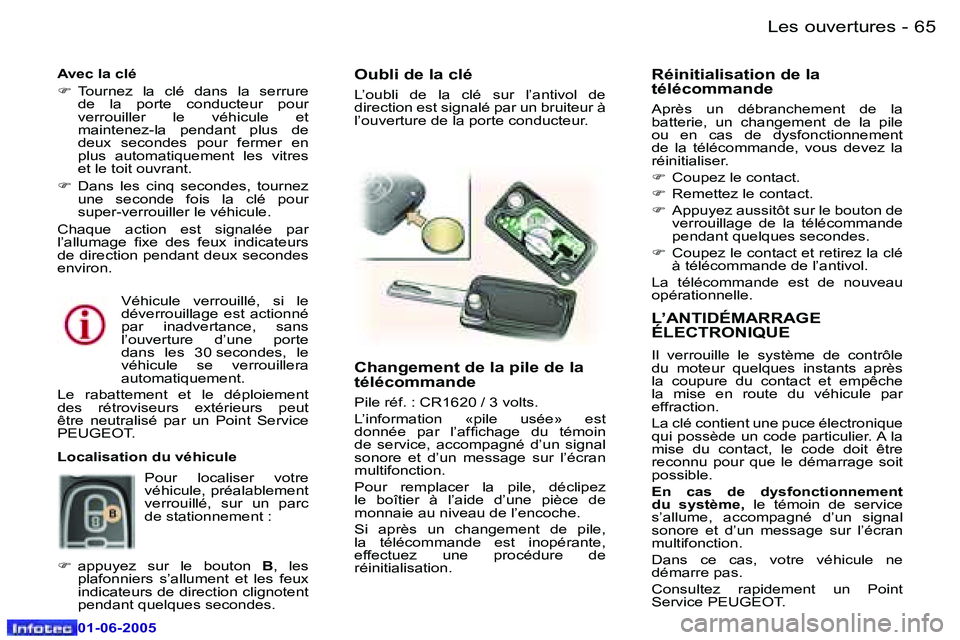 Peugeot 307 2005  Manuel du propriétaire (in French) �L�e�s� �o�u�v�e�r�t�u�r�e�s�6�4 �-
�0�1�-�0�6�-�2�0�0�5
�6�5�L�e�s� �o�u�v�e�r�t�u�r�e�s�-
�0�1�-�0�6�-�2�0�0�5
�L�’�A�N�T�I�D�É�M�A�R�R�A�G�E�  
�É�L�E�C�T�R�O�N�I�Q�U�E
�I�l�  �v�e�r�r�o�u�i�l�