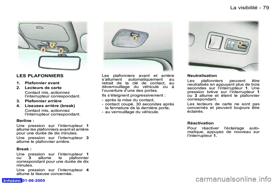Peugeot 307 2005  Manuel du propriétaire (in French) �L�a� �v�i�s�i�b�i�l�i�t�é�7�8 �-
�0�1�-�0�6�-�2�0�0�5
�7�9�L�a� �v�i�s�i�b�i�l�i�t�é�-
�0�1�-�0�6�-�2�0�0�5
�L�E�S� �P�L�A�F�O�N�N�I�E�R�S
�1�.�  �P�l�a�f�o�n�n�i�e�r� �a�v�a�n�t 
�2�.�  �L�e�c�t�e