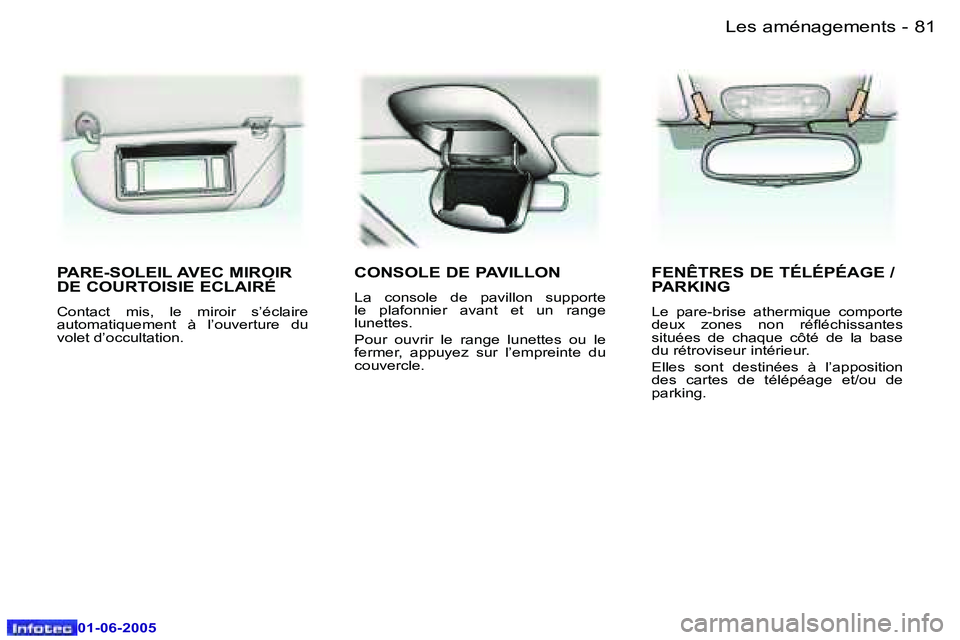 Peugeot 307 2005  Manuel du propriétaire (in French) �8�1�L�e�s� �a�m�é�n�a�g�e�m�e�n�t�s�-
�0�1�-�0�6�-�2�0�0�5
�P�A�R�E�-�S�O�L�E�I�L� �A�V�E�C� �M�I�R�O�I�R�  
�D�E� �C�O�U�R�T�O�I�S�I�E� �E�C�L�A�I�R�É
�C�o�n�t�a�c�t�  �m�i�s�,�  �l�e�  �m�i�r�o�i